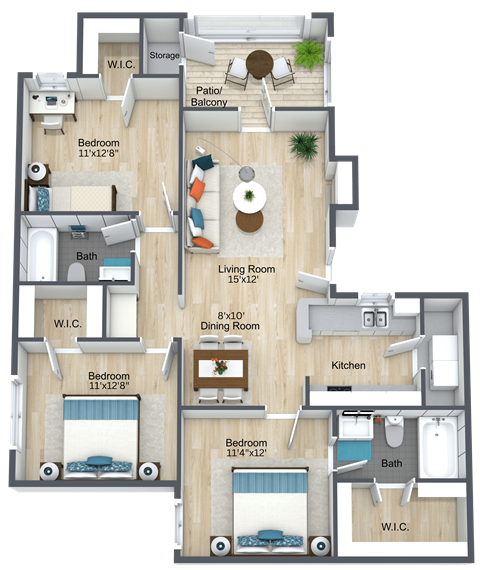 A detailed 3D floor plan of a three-bedroom apartment.